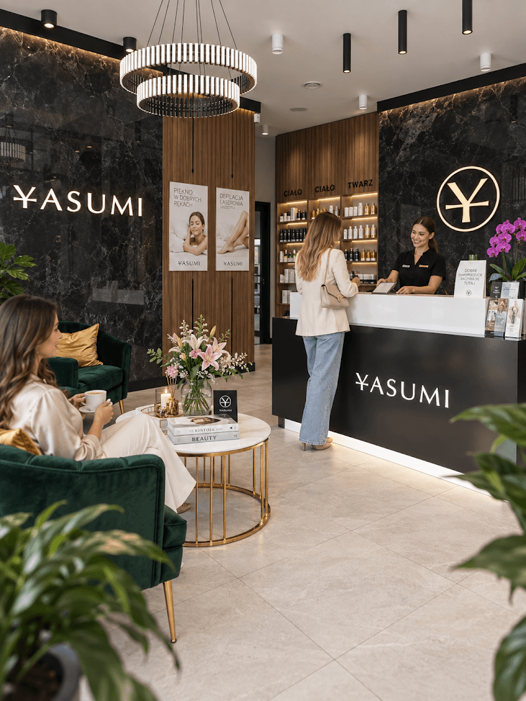 Recepcja YASUMI Ząbki z dużym logo na ścianie i strefą oczekiwania